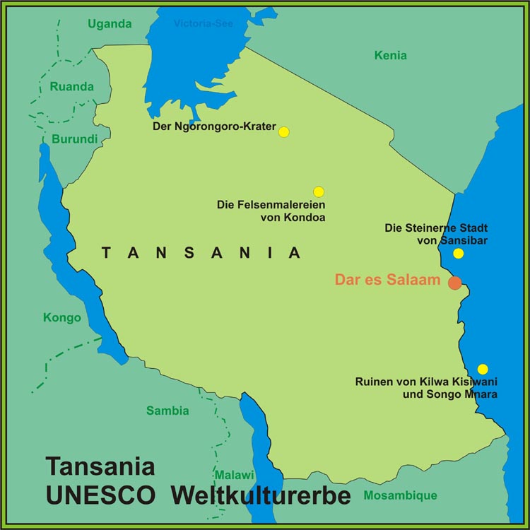 Karte des UNESCO-Weltkulturerbe in Tansania