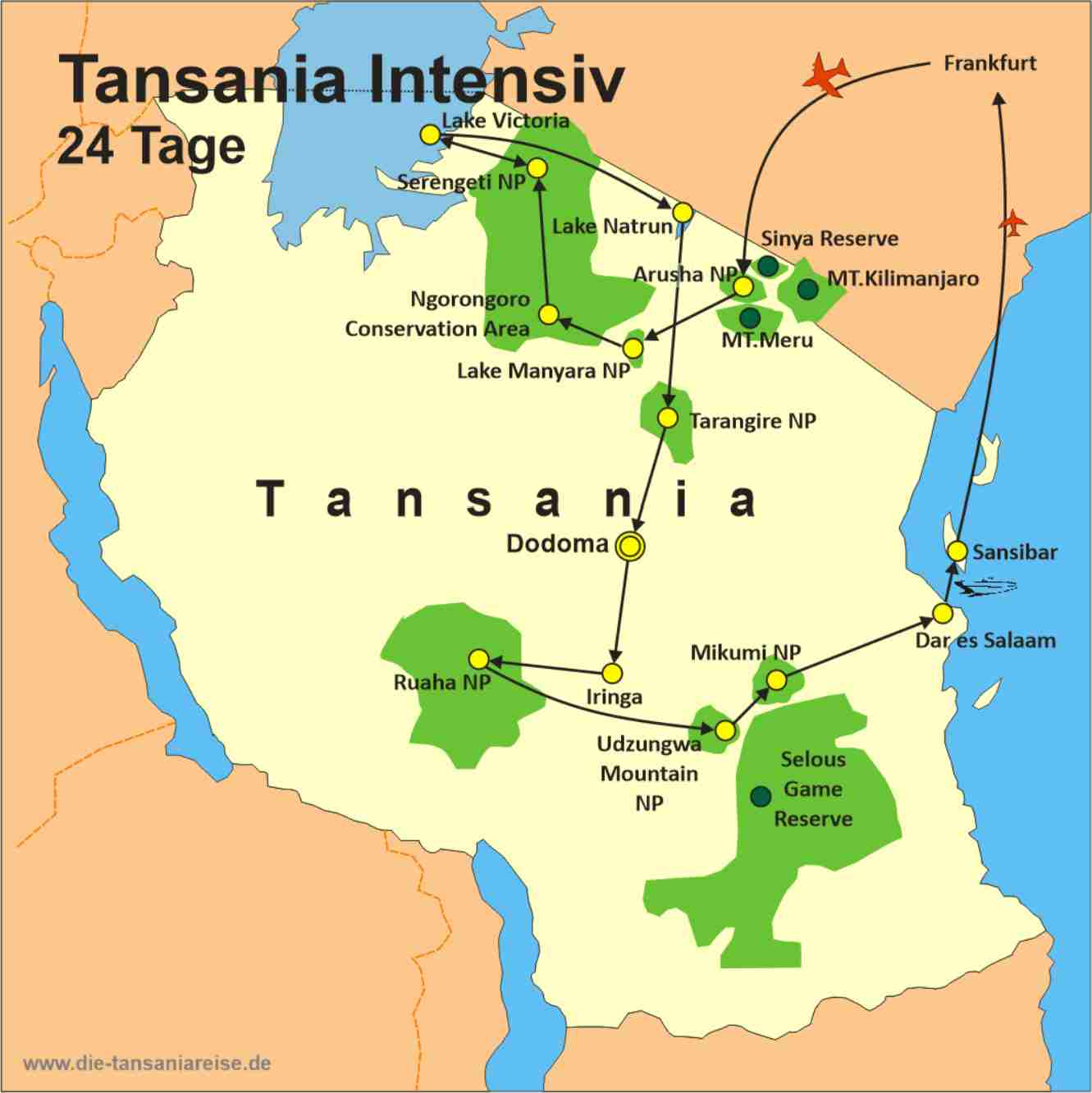 Reiseroute der Tansania Studienreise